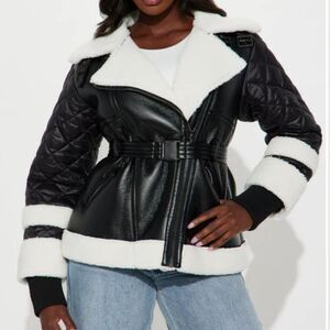 Faux Leather Black Zip Up Women's Coat -U